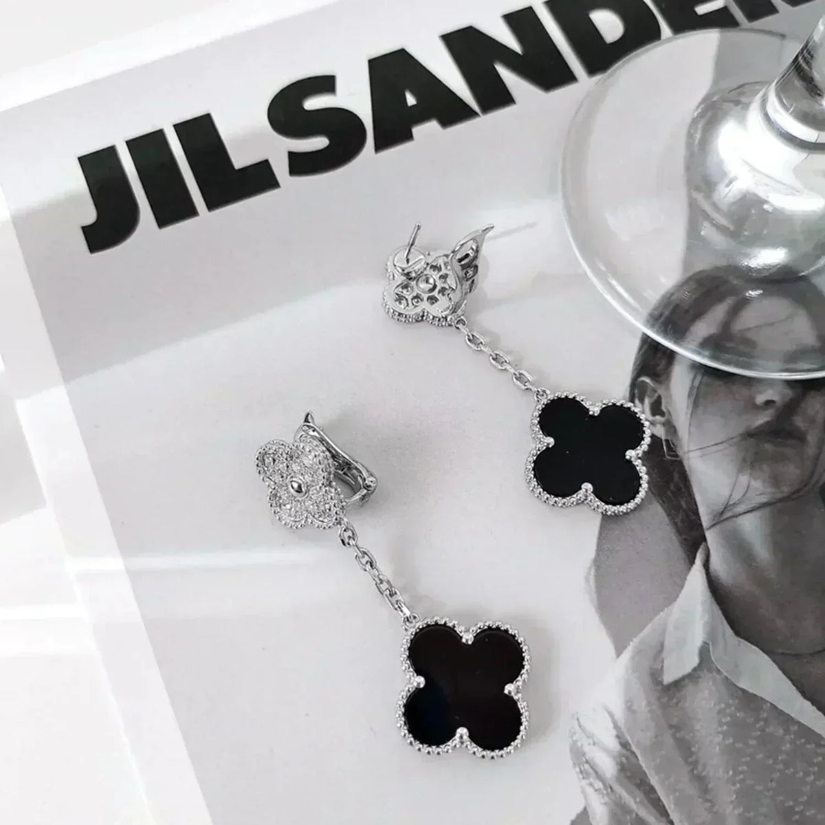 ¡®Lume Jewels¡¯CLOVER 2 MOTIFS  DIAMOND ONYX EARRINGS SILVER